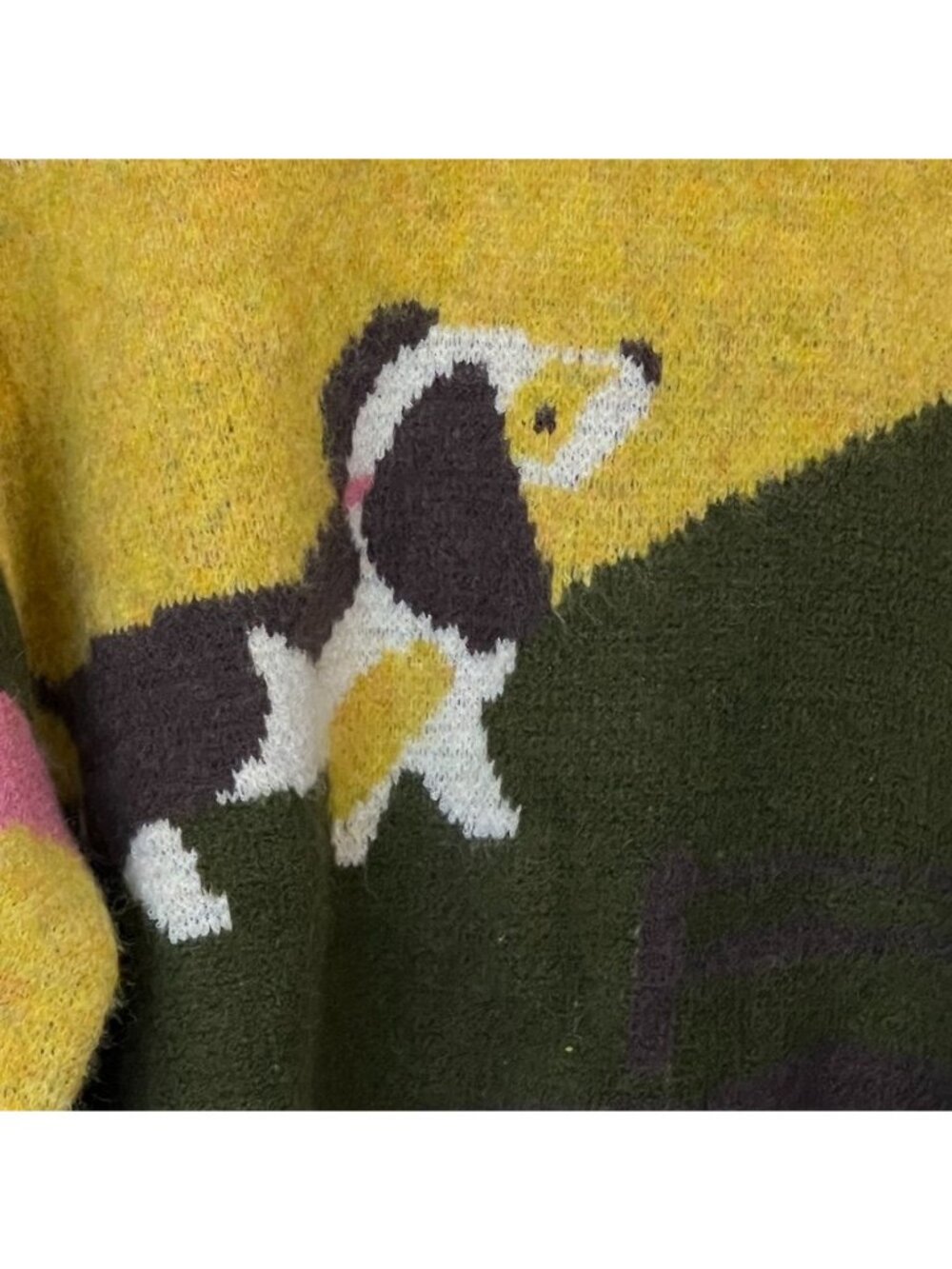 Novelty Dog Sweater XS Mustard Olive Indie Folk Art Cottagecore Oversized Knit - Picture 2 of 13